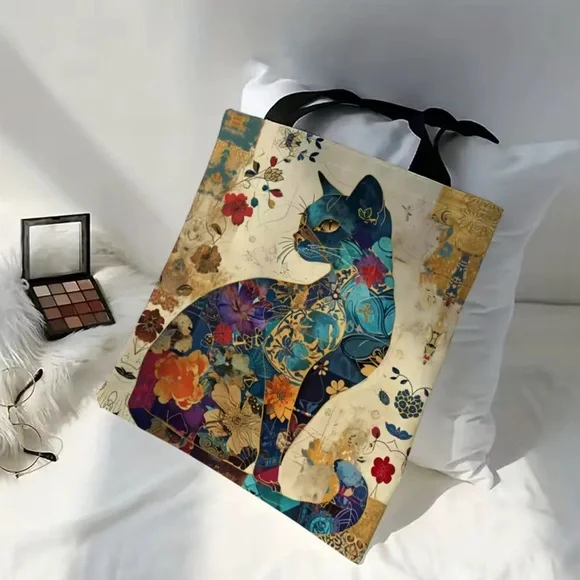 Colorful Cat Tote Linen Canvas Bag - Picture 2 of 2